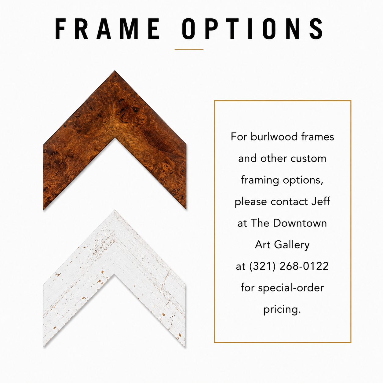 View our frame options, or call The Downtown Art Gallery at (321) 268-0122 for custom framing and special-order pricing.